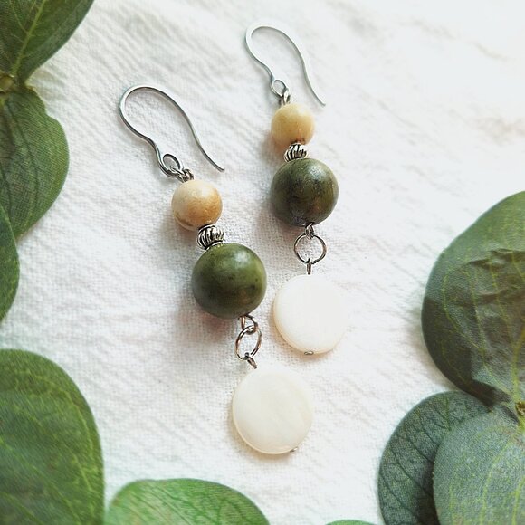 Elegant Jade & Mother of Pearl Earrings, Coastal-Inspired Boho Earrings, Formal - Picture 7 of 7